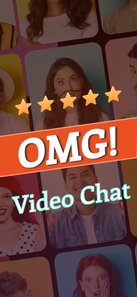 Promotional banner for OMG Video Chat app with a grid of young people and five star rating