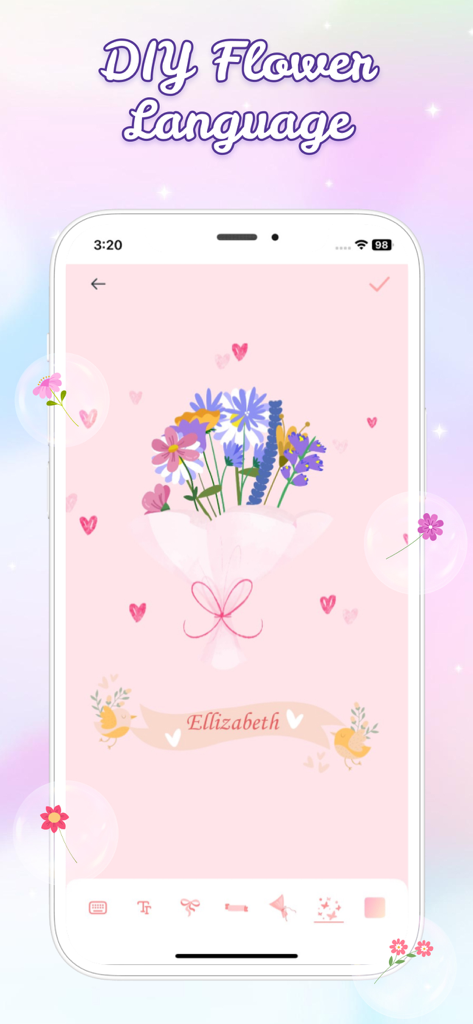 Flower Language Keyboard - DIY flower bouquet with the name Ellizabeth on a pink aesthetic background