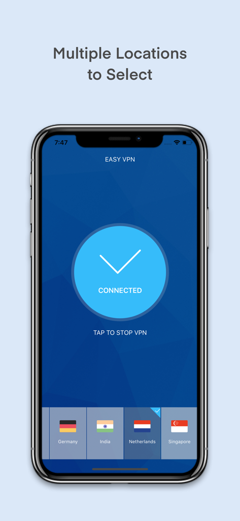 Interfaz de la aplicación Hotspot VPN mostrando conexión exitosa y múltiples ubicaciones de servidores