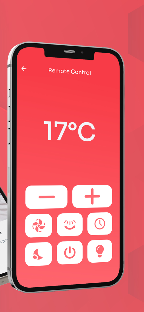 Smartphone screen displaying an air conditioner remote control app interface with temperature and mode buttons