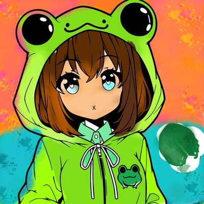 an anime girl wearing a frog hoodie