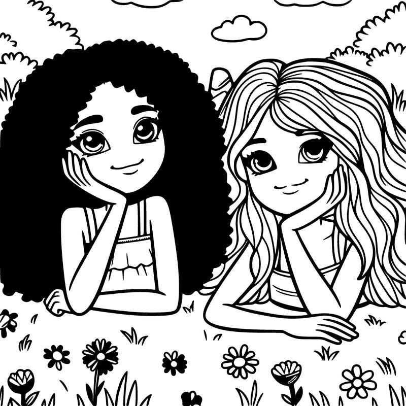 2 girls outside laying on the grass, one with long curly hair, one with short curly hair