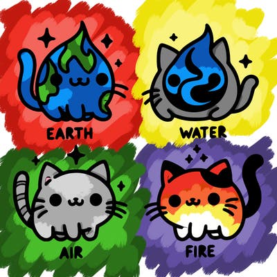 4 cats that represent the different elements, earth, water, air, and fire