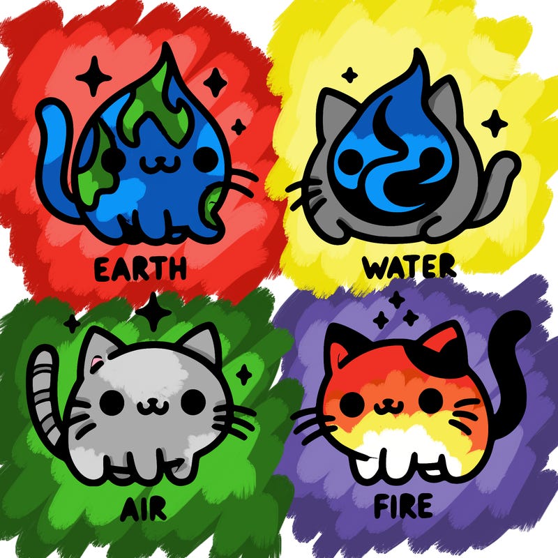 4 cats that represent the different elements, earth, water, air, and fire