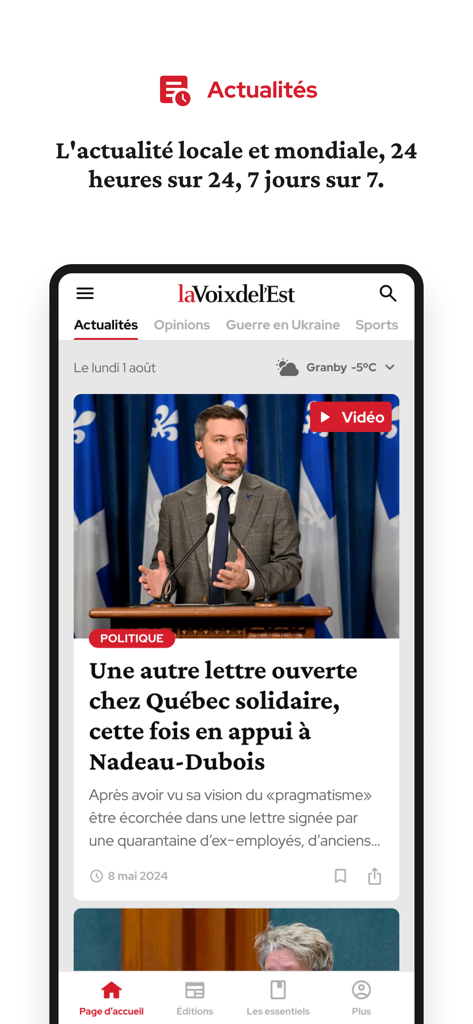 Mobile application interface of La Voix de l'Est featuring local and global news articles
