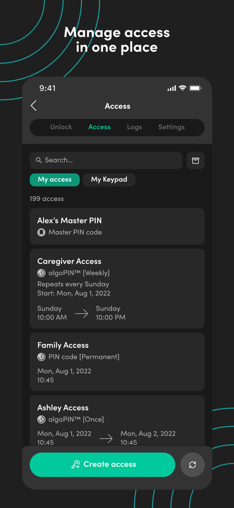igloohome - マスター、週次介護者、恒久的な家族アクセスなど、さまざまなPINアクセスレベルのリストを表示するigloohomeアプリのインターフェース