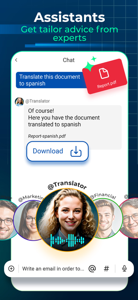 AI Chat PDF - Office docs bot - Chat interface showing an AI assistant translating a PDF document and providing a download link.