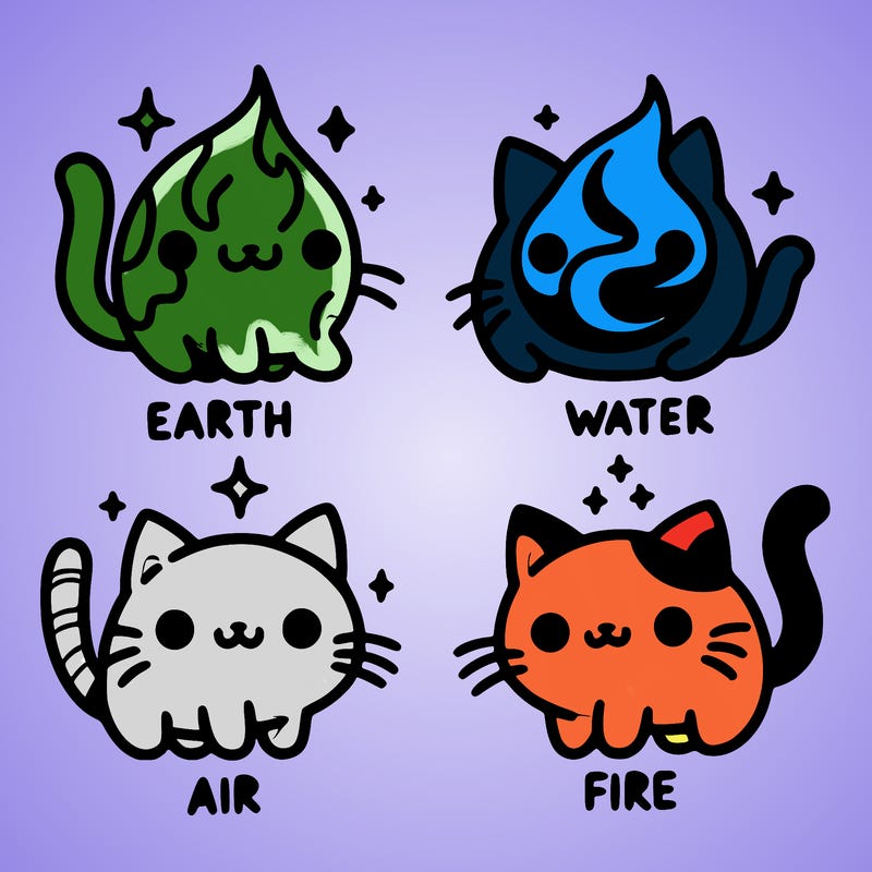 4 cats that represent the different elements, earth, water, air, and fire