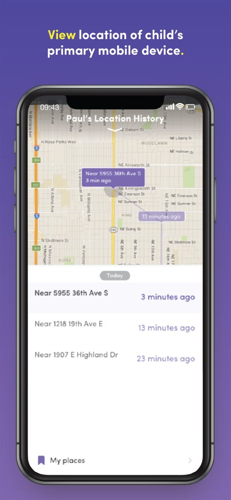 Net Nanny parental control app interface showing a map with a childs location history and timestamps