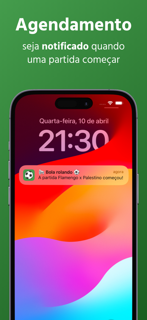 Futebol Hoje - Onde assistir - Tela de bloqueio do iPhone exibindo uma notificação push para uma partida de futebol ao vivo entre Flamengo e Palestino