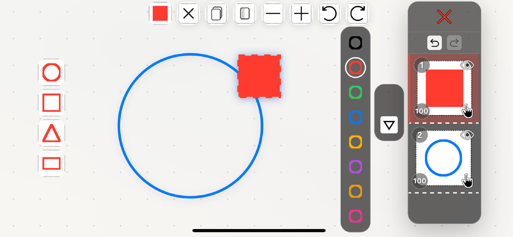GeoArt Creator - Shape Design - Minimalist user interface of GeoArt Creator app featuring a red square and blue circle with layer management tools on a dotted grid