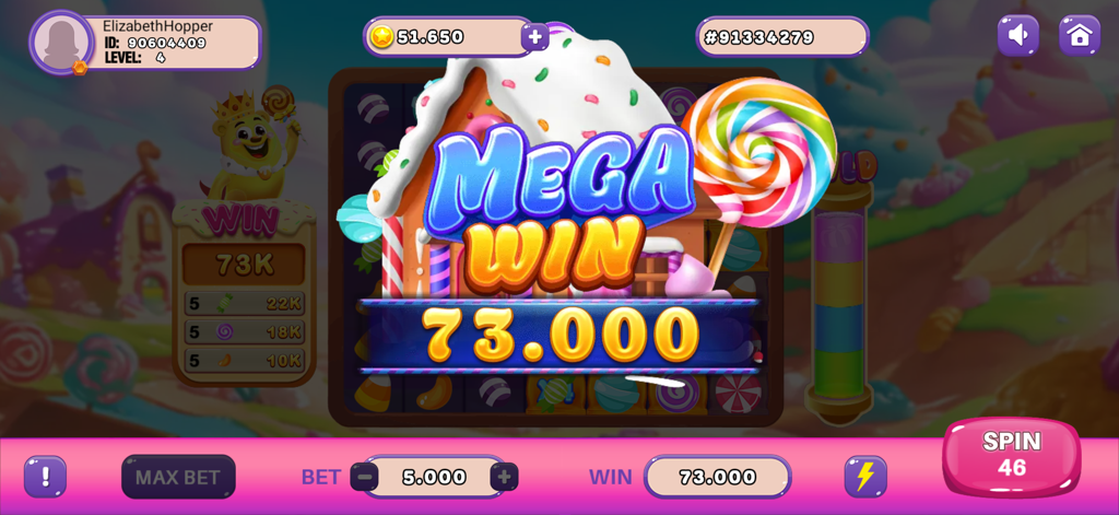 A big win screen showing 73000 chips in the candy themed Sweet Land slot machine of the Mega Win X Slots app