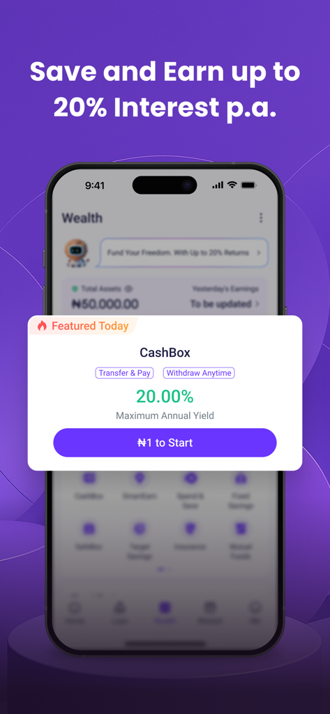 Interfaz de la aplicación PalmPay que muestra la función CashBox con un rendimiento de interés anual máximo del 20% para ahorros.