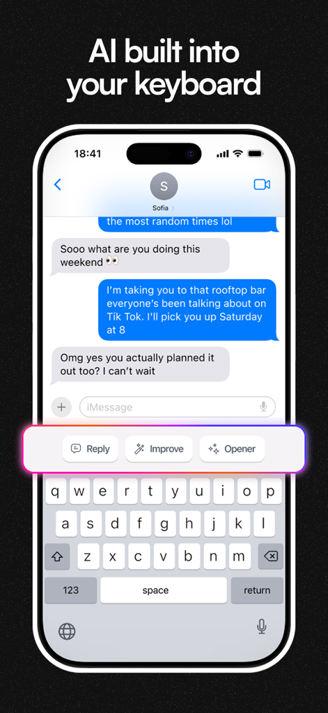 Typeshi AI keyboard interface with Reply, Improve, and Opener buttons for dating conversations.