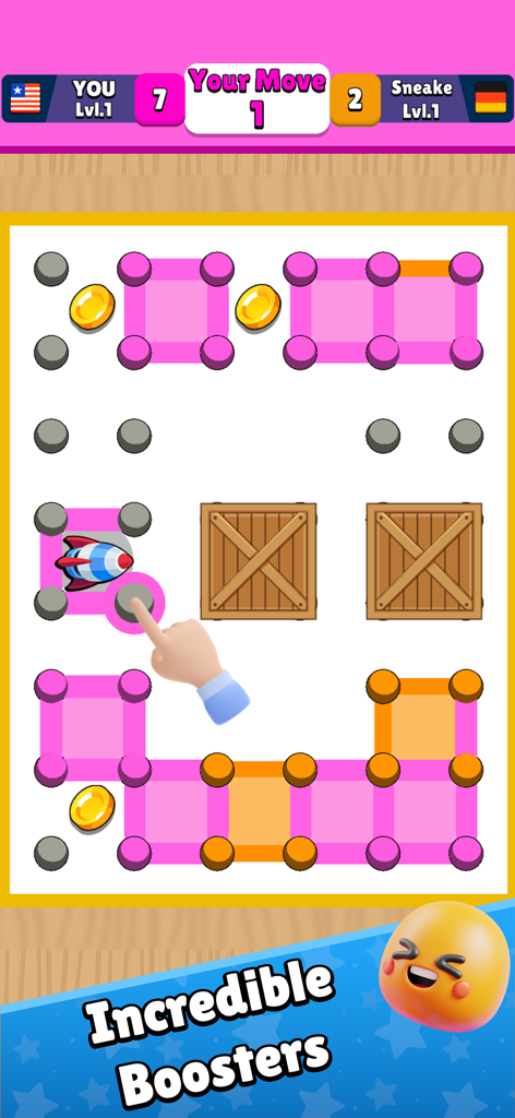Gameplay of Dots N Numbers showing an online match between two players with a rocket booster and coins on the board
