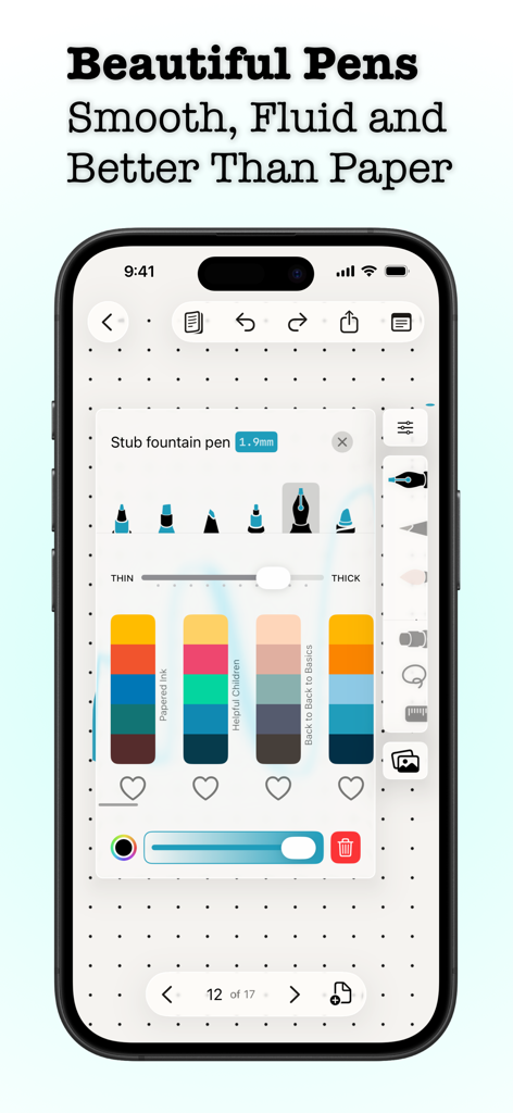 Penbook Pencil Notebook - Penbook app screen showing digital pen tip selection, thickness slider, and color palettes on dot grid paper