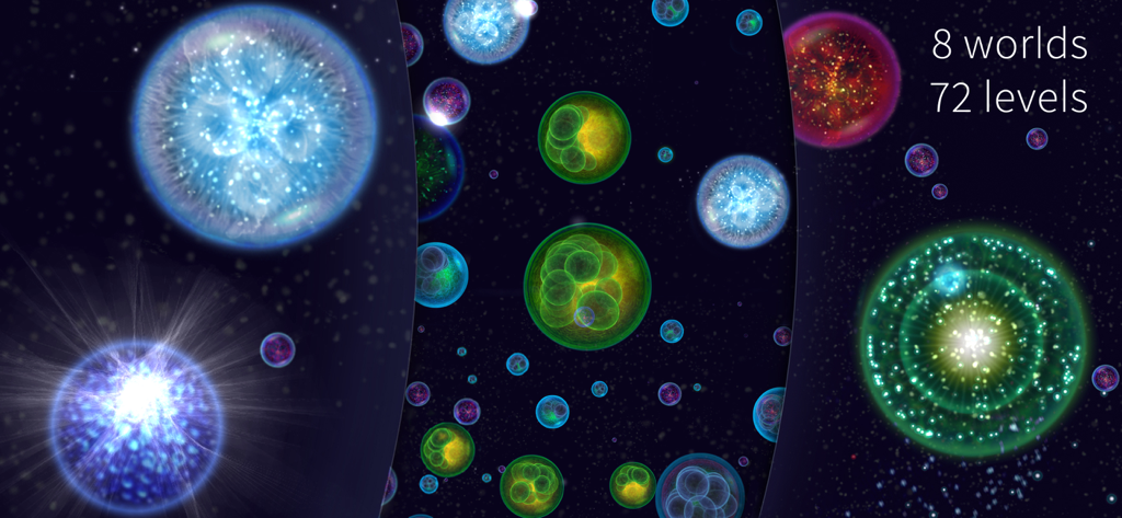 Osmos for iPad - Collage of Osmos for iPad gameplay screenshots showing colorful motes and text highlighting 8 worlds and 72 levels