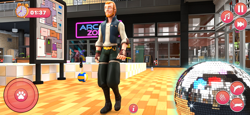 City kitty Life: Cat Simulator - City Kitty Life Cat Simulatorのゲームプレイ画面。ショッピングモールでディスコボールと一緒に表示されます。