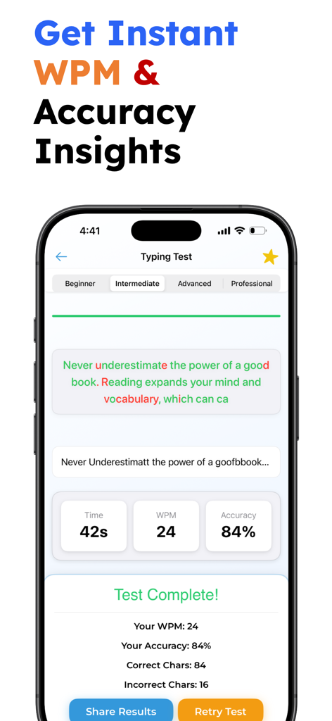 Speed Typing Test – WPM Check - Mobile app screen displaying typing test results including WPM and accuracy percentage