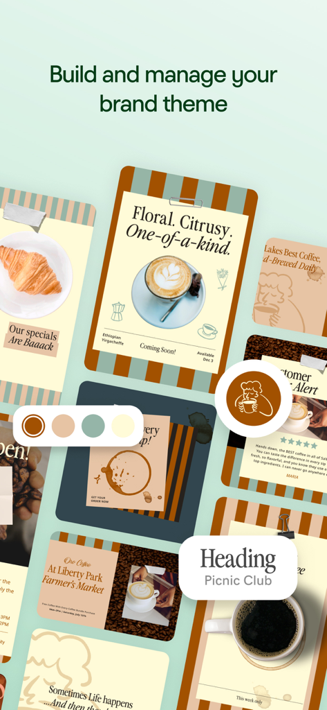 Mobile App-Oberfläche mit verschiedenen Social-Media-Vorlagen und einer Farbpalette zum Aufbau eines konsistenten Markenthemas.