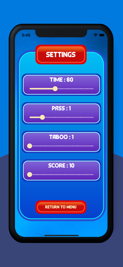 Say & Play - Say and Play アプリの設定画面。時間とスコアのカスタマイズ可能なスライダーが表示されています。
