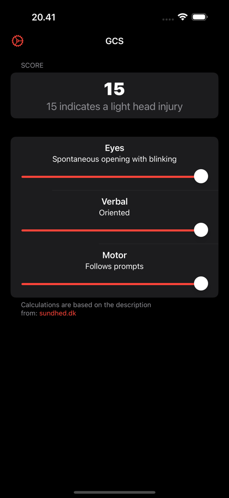 GCS Glasgow Coma Score - GCSグラスゴー・コーマ・スケールアプリのインターフェース。眼、言語、運動評価のスライダーと合計スコア15が表示されています。