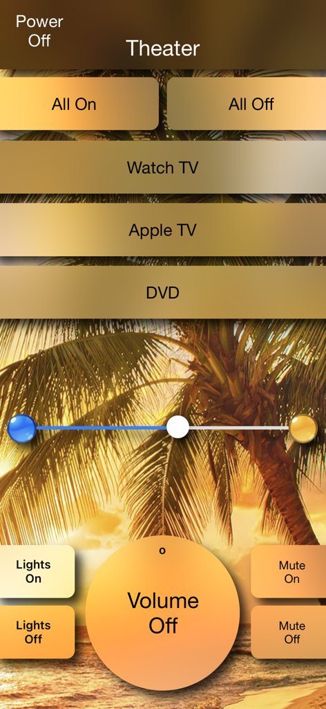 Interfaz de control remoto de cine en casa personalizable que muestra controles de volumen, iluminación y dispositivos sobre un fondo tropical