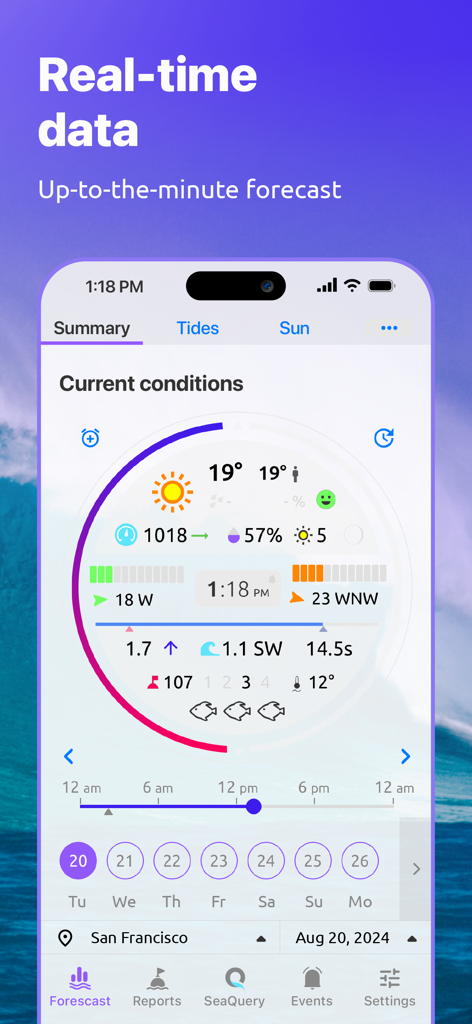 Nautide app screenshot displaying real-time marine weather data, tide, and fishing conditions for San Francisco