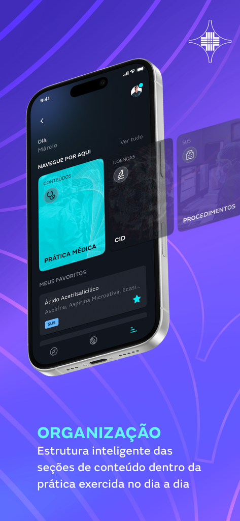 MEDMe Prática Médica - Smartphone displaying the MEDMe app dashboard with organized medical content sections for clinical practice