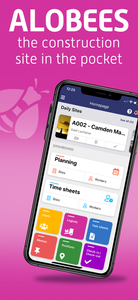 Alobees - Alobees mobile app homepage showing construction site management tools for planning and timesheets
