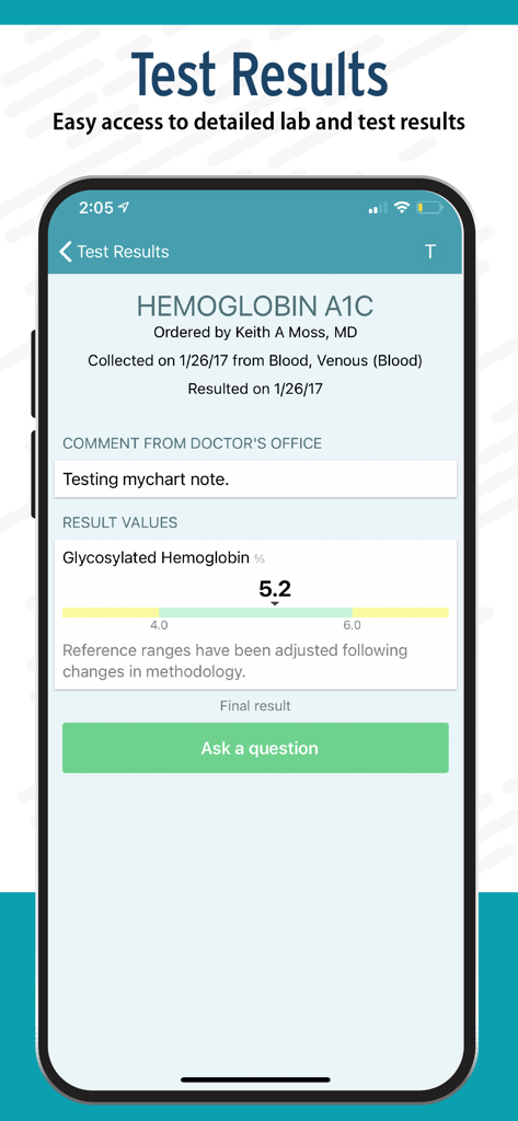 Screenshot of the myRiverside MyChart app showing a lab test result for Hemoglobin A1C with a numerical value of 5.2 and an option to ask a physician a question.