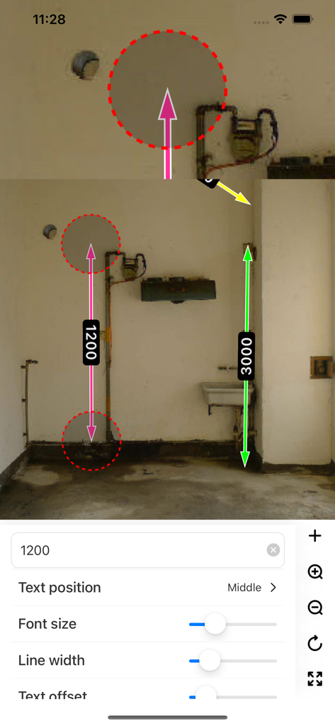 SizeSnap app interface displaying photo measurement markups with a magnifying glass for precision and editing controls