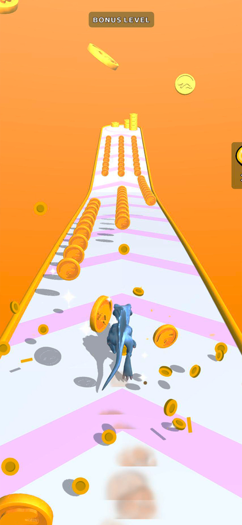 Un personaje de dinosaurio azul corriendo en una pista y recogiendo monedas de oro durante un nivel de bonificación.