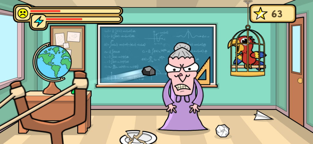 Bash the Teacher! School Prank - バッシュ・ザ・ティーチャー！モバイルゲームで、プレイヤーがスリングショットを使って怒っている先生に石を投げているカートゥーン風の教室のシーン。