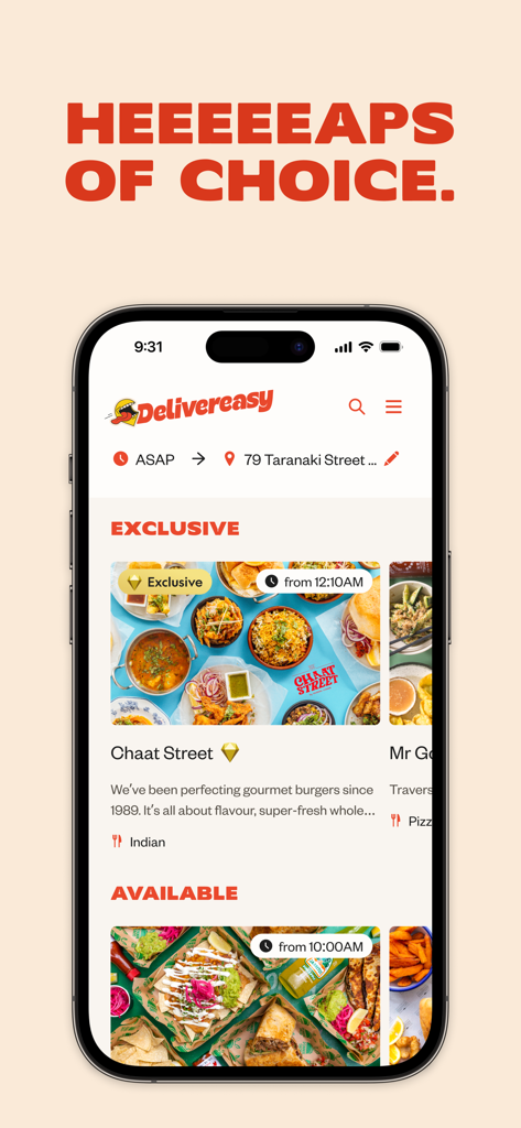 Delivereasy mobile app screen showing local restaurant selections and exclusive food deals