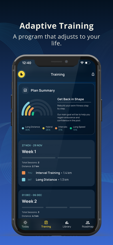 Swim Success: Swim Workout App - Swim Success app interface showing an adaptive swim training plan with a weekly workout schedule and performance metrics.