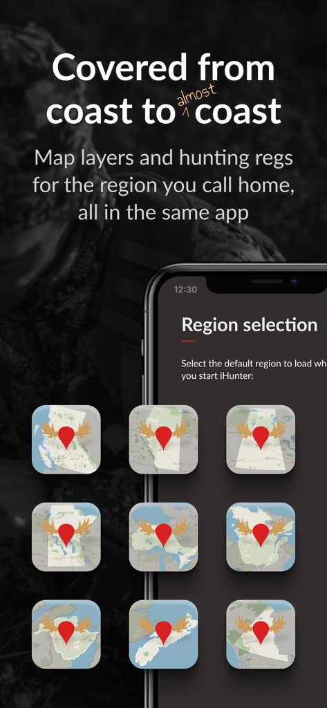 iHunter mobile app screen showing a selection of Canadian province maps for regional hunting regulations and layers.
