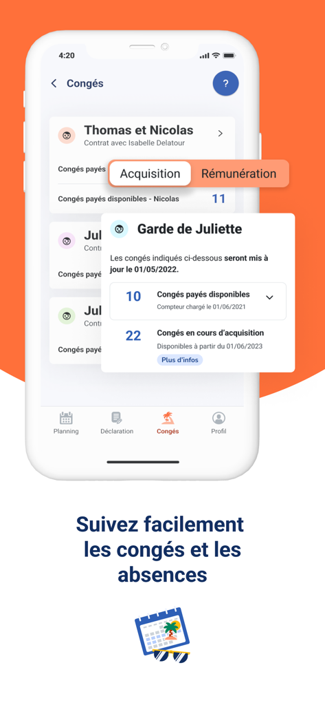 Interface for tracking paid leave and absences in the Mon Pajemploi app.