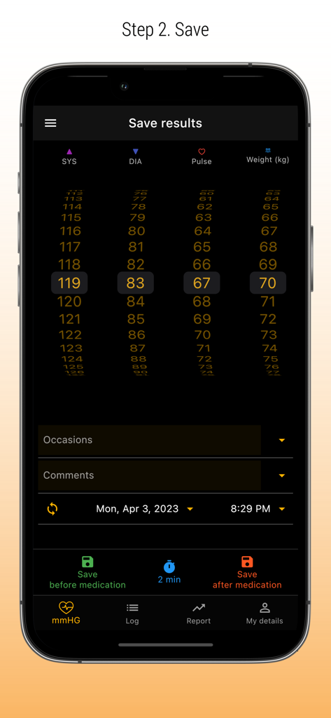 Data entry screen for recording systolic and diastolic blood pressure readings in the Systolic app