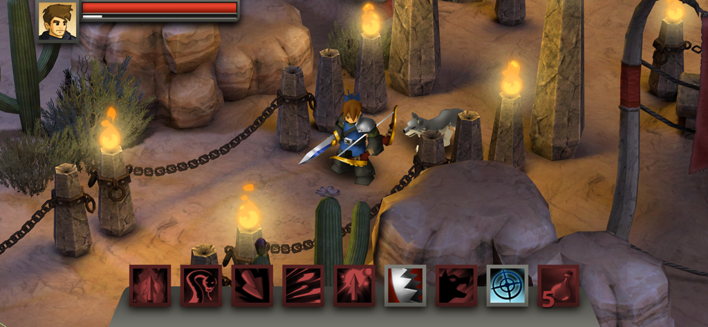 A hero character with a sword in a desert temple environment showing the skill bar in Battleheart Legacy.