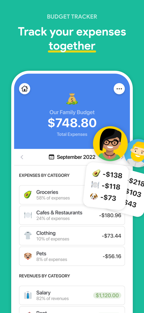 Interface de l'application FamilyWall montrant un suivi de budget familial partagé avec des dépenses classées par épicerie et vêtements