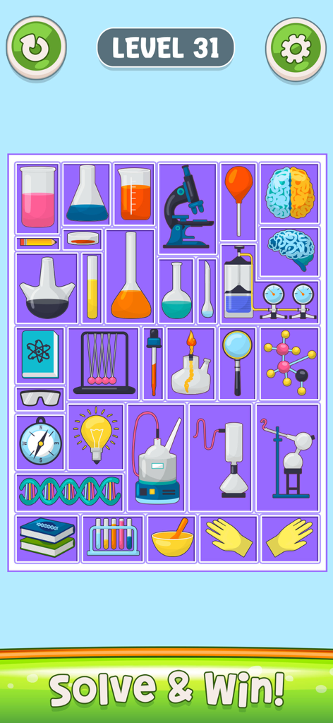 Little Organizer: Find & Sort - Um nível de quebra-cabeça de organização com tema científico mostrando equipamentos de laboratório organizados de forma ordenada em uma grade