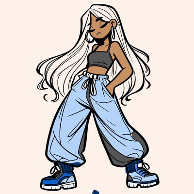 girl in baggy pants crop top and long hair