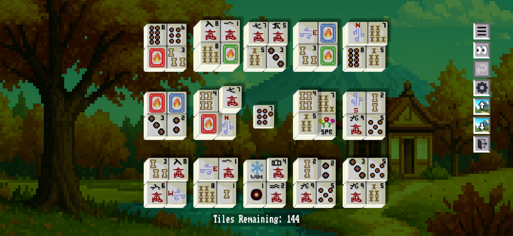 Leon's Mahjong pixel art gameplay showing tiles on a forest background
