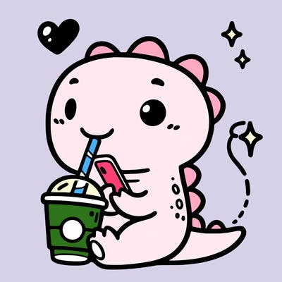 cute dino thats on its phone drinking from a straw that leads to a cup for girls