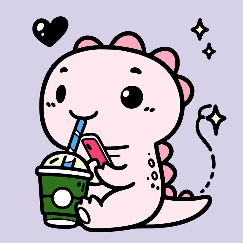 cute dino thats on its phone drinking from a straw that leads to a cup for girls