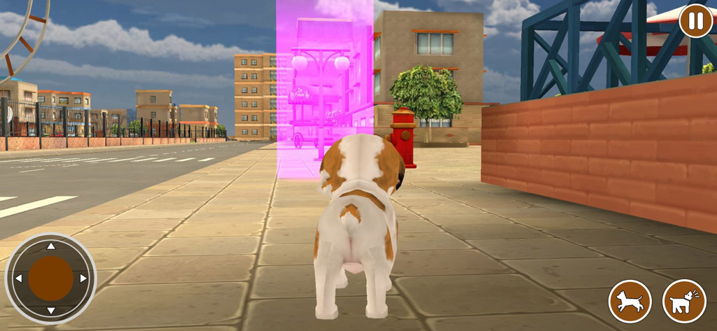 Un cachorro marrón y blanco caminando por un entorno urbano en un juego de simulación de mascotas virtuales