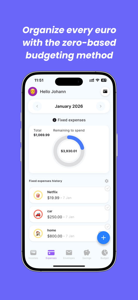 Finzee mobile app screen showing monthly fixed expenses and remaining balance for zero based budgeting