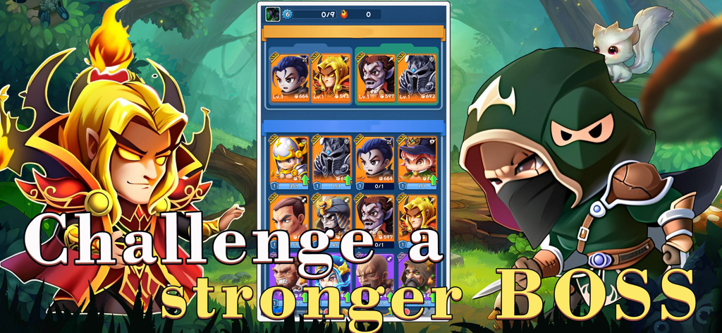 Tempest bastion - Mobile game screen for Tempest Bastion showing a hero roster and boss challenge text