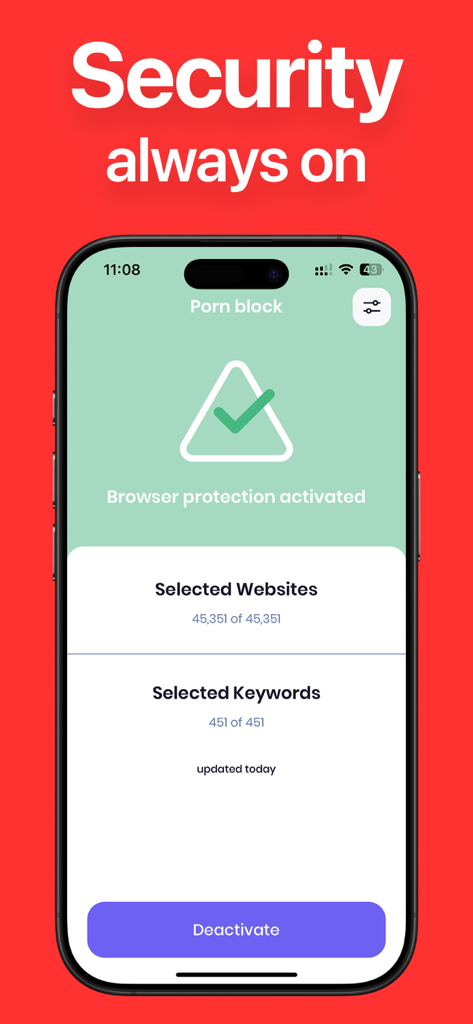 PornBlocker App - PornBlocker app interface showing activated browser protection and statistics for blocked websites and keywords.